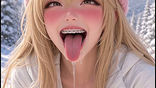 3d Anime Blonde Walk in the Snow, Latex Panties Cute Hat
