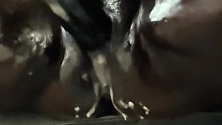 Rubbing Pounding My Fat Black Pussy with Massive Monster Dildo Squirting