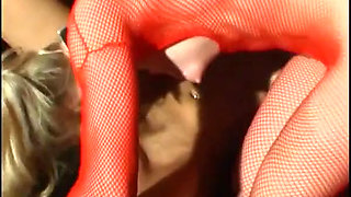 Red Fishnet Babe Dominates Bound Cock in Wild BDSM Threesome