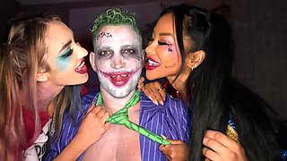 Halloween party turns into hardcore threeway sex session