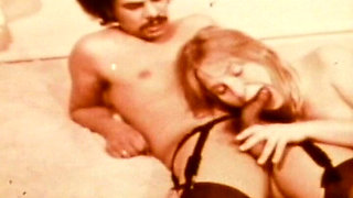 Stockinged Blonde Worships Mustached Stud in Red-tinted Vintage Trio
