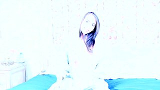 Small titted brunette teen fingering on the bed