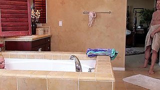 Blonde Step-Sister with Saggy Tits and Hairy Pussy caught masturbate in Bathtube and seduce to Risky Fuck