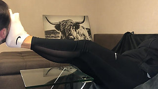 Dirty White Sneaker Worship - Smelly Socks in Face with Valeria Night (side View)