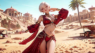 Desert Fantasy! Silver-haired Saintess's Private Dance in the Red-Gold Palace, light ribbons wrapping around her.