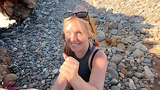 Amateur Beach Blowjob: Redhead Anja Amelia Brutal Deepthroat & Cum in Mouth