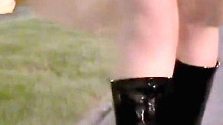 Sexy Long-legged High Heels in Boots, a Beauty at Her Extreme Outdoor Exposure, Task, Restroom Sex