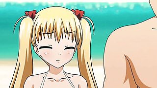 Blonde twin-tails green striped bikini on beach mat