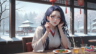 Sexy, Dirty Seduction in a Snowy Café with Kimono Cream Drip - Horny, Hardcore Porn!