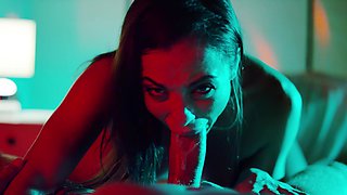 Petite brunette Anastasia Brokelyn rides a big cock with incredible passion on the bed.