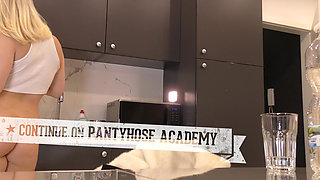 Hot and sexy tight pussy blonde wife in the kitchen shows her sheer shiny black pantyhose and takes off panties