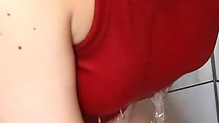 Thighjob Cumshot Showering with Clothes and Stripping Naked