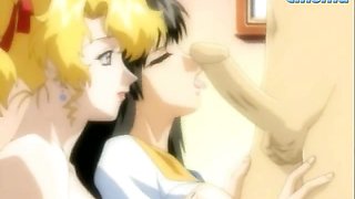 Two gorgeous hentai babes take one big prick and fuck it