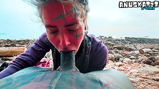 Public Blowjob on Beach Ends with Cum on Face - Sloppy German Amateur