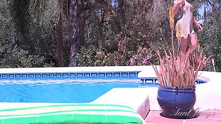 Blonde Auntie Lynna outdoors by the pool solo - Big fake tits