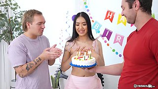 Birthday boy gets a surprise with a huge load on his small tits