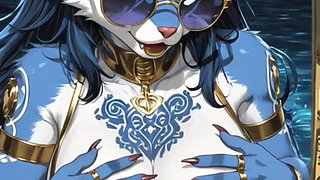 122. Blue Furry Demon Dance and Sexy Pose at Waterfall (Ai Animation)