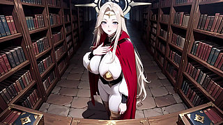 Languid Reading in a Gothic Library, White Robe and Red Cape, Hand Resting Gracefully with Half-closed Eyes.