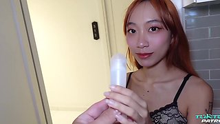 Petite Thai teen 18+ jerks off and sucks a big white cock POV video