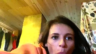 Brunette teen swallowing cum in POV blowjob