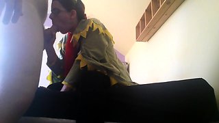 Cute brunette in a funny costume gets rammed from behind