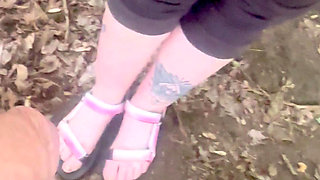 P on Her Cute Pink Sandals, Camera Focused on Her Feet My Dick See It Flow