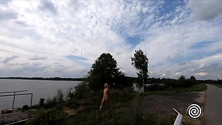 Blonde Babe Strips on the Bridge