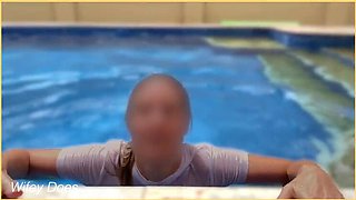 Hot Milf Wifey Flashes Her Big Braless Tits in Pool - Outdoor Public Nudity