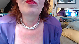 911 Redheaded DawnSkye brings a Smoke and Stroke in purple lace with dildo sucking and riding