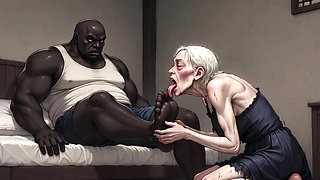 90 Year Old Granny Slave Licking Giant Black Man Feet - Wet Pussy Pleasure