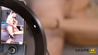 Watch these French MILFs humiliate a bald guy with their huge tits and shaved pussies