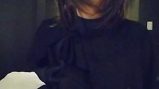 A cross-dressing boy wearing a black dress masturbated wearing black full-body tights on the inner layer and felt good.