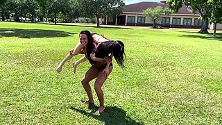 Amateur brunette masturbating outdoors