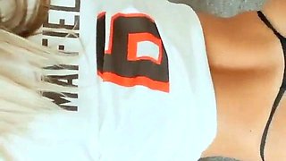 Sexy Blonde Babe With Big Boobs Strips Bra