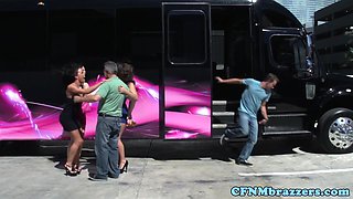 Busty cfnm femdoms cockriding on bus