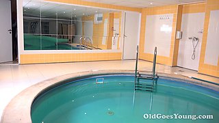 Stunning teenage glory has some fun with the old pool dude