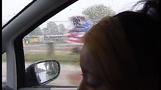 Picked up ebony with colored hair gives a nice blowjob to a driver
