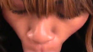 Petite ebony teen Moni Bella POV blowjob and cum swallow
