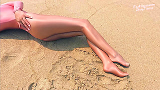 901 Shiny Gold Spandex Pantyhose and Leotard on the Beach