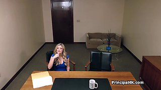 Suburban mom in blue dress suck the head teacher