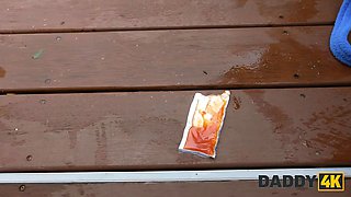 Daddy4k. lean brunette can't swim, but can blow and leap on huge daddy's boner