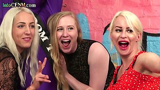 CFNM femdom babes jerk penis of spandex guy in group sex HJ