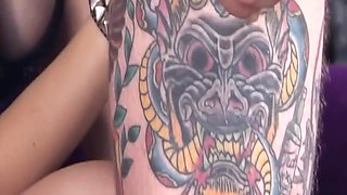 Mature Brunette MILF Sucks Tattooed Cock Deep