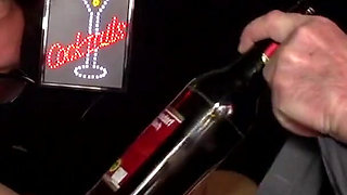 Brunette big ass wife in nylons takes DP action in the bar
