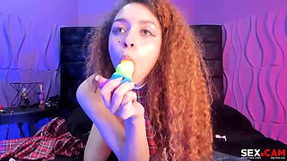 Lesbian Deepthroat in Slobber with Sex Toy Masturbation