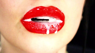 Red lips and a games with liquids and saliva! Milk and coffee! 4K -NO AUDIO-