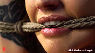 Tattooed Latin babe bound and suspended and tormented