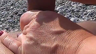Jerking off My Boyfriend at a Beach - Quick Risky Outdoor Handjob with Huge Cumshot