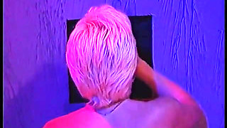 Amazing blonde slut blows a few cocks and swallows a glass of semen in the secret room