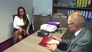 Nerdy Secretary Vivian Skylight Deep Throats Huge German Cock in Office